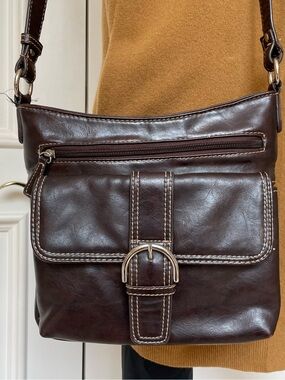 Minelli Italy Brown Crossbody Bag Buckle Front Multi Pocket Purse